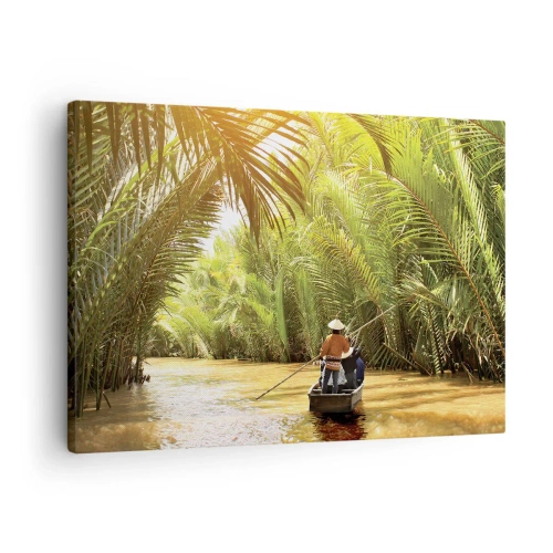 Tablou pe pânză Canvas - O barcă pe un râu înconjurată de vegetație tropicală - 70x50cm - Prin cheile din palmieri - Decorațiune modernă pentru perete pentru living și dormitor ARTTOR
