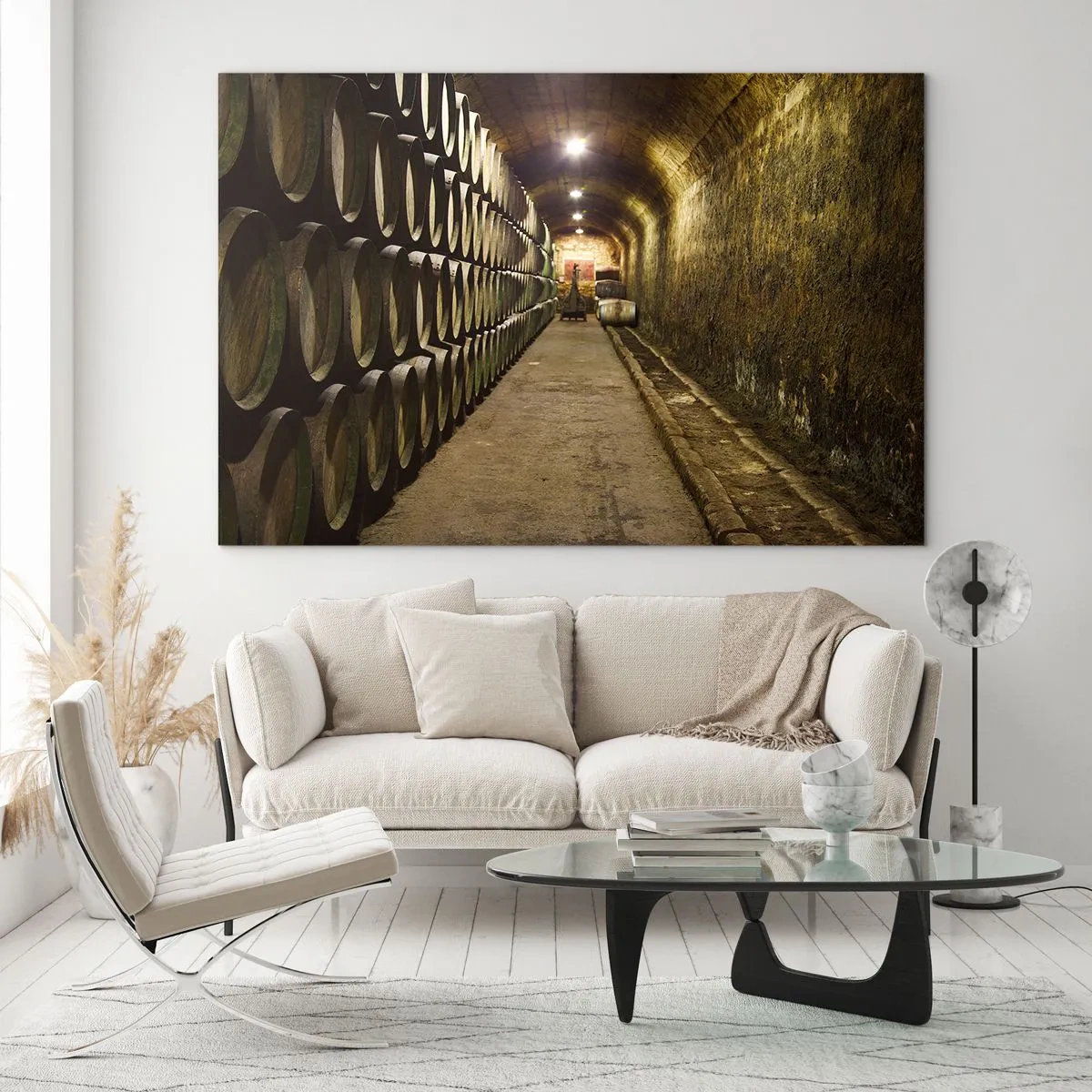 Tablou pe sticlă - Pivniță de vinuri cu rânduri de butoaie - 70x50cm - Este bine să te întinzi - Decorațiune modernă pentru perete pentru living și dormitor ARTTOR