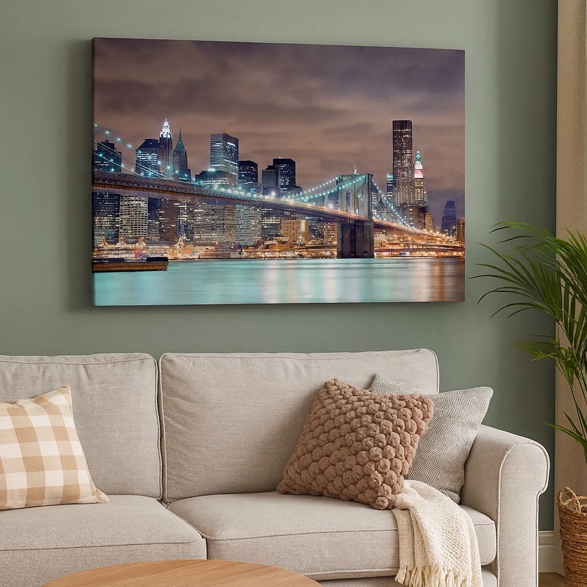 Tablou pe pânză Canvas - Podul iluminat noaptea pe fundalul panoramei moderne a orașului - 70x50cm - Luminile marelui oraș - Decorațiune modernă pentru perete pentru living și dormitor ARTTOR