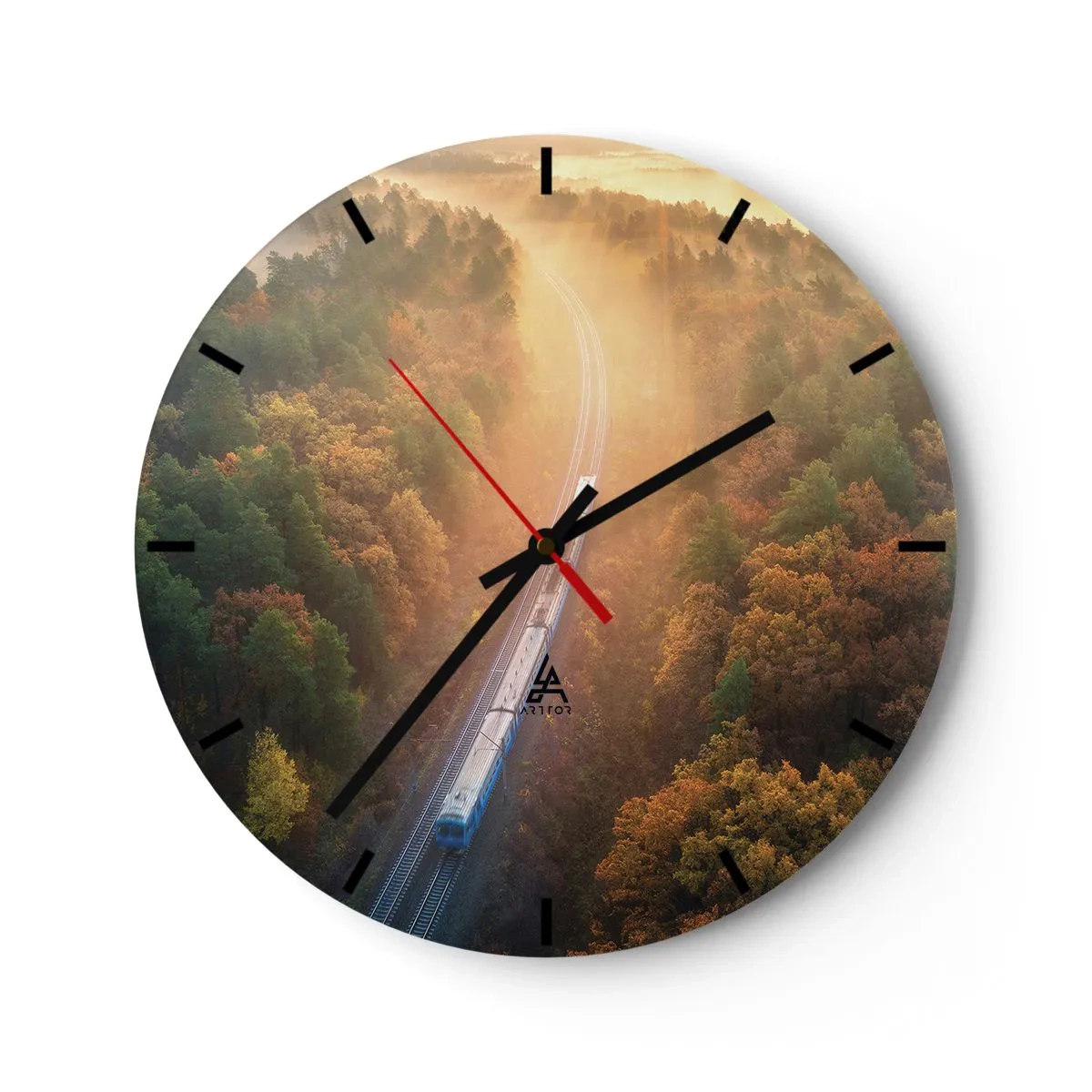 Ceas de perete - Ceas pe sticlă - Un tren care călătorește printr-o pădure de toamnă în ceața dimineții - 30x30cm - Călătorie de toamnă - Decorațiune modernă pentru perete pentru living, bucătărie și dormitor ARTTOR