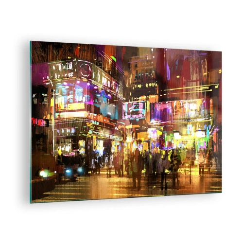 Tablou pe sticlă - Un oraș vibrant în lumina neonului - 70x50cm - Într-o mare de lumină - Decorațiune modernă pentru perete pentru living și dormitor ARTTOR