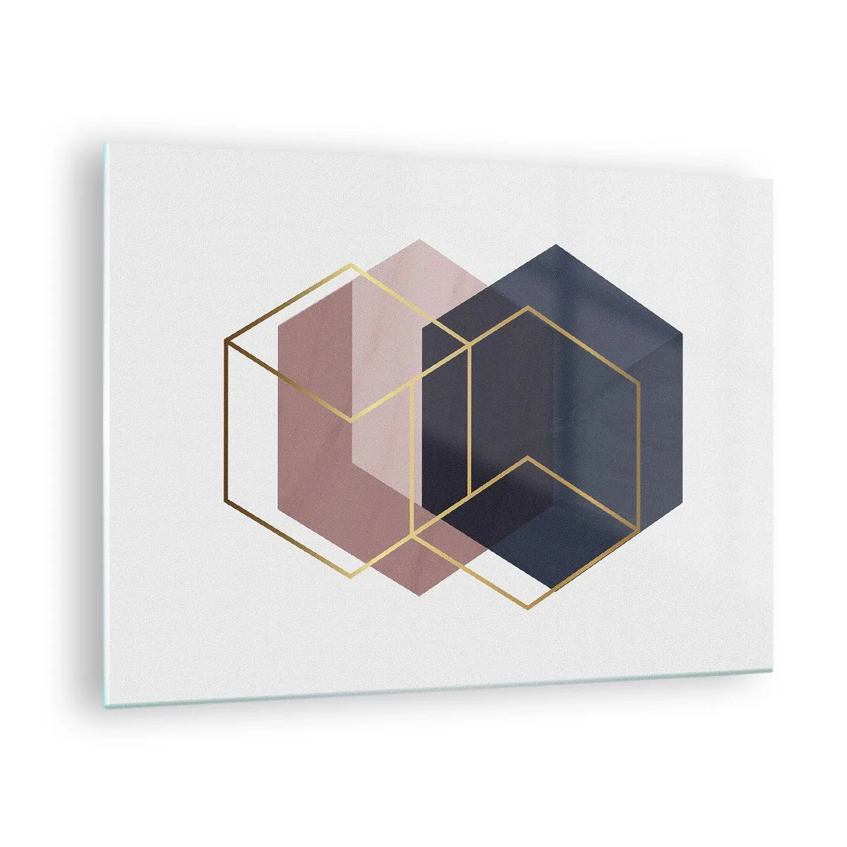 Tablou pe sticlă - Contururi aurii ale cuburilor pe un fundal de culori solide albastru marin și roz - 70x50cm - Puterea simplității - Decorațiune modernă pentru perete pentru living și dormitor ARTTOR