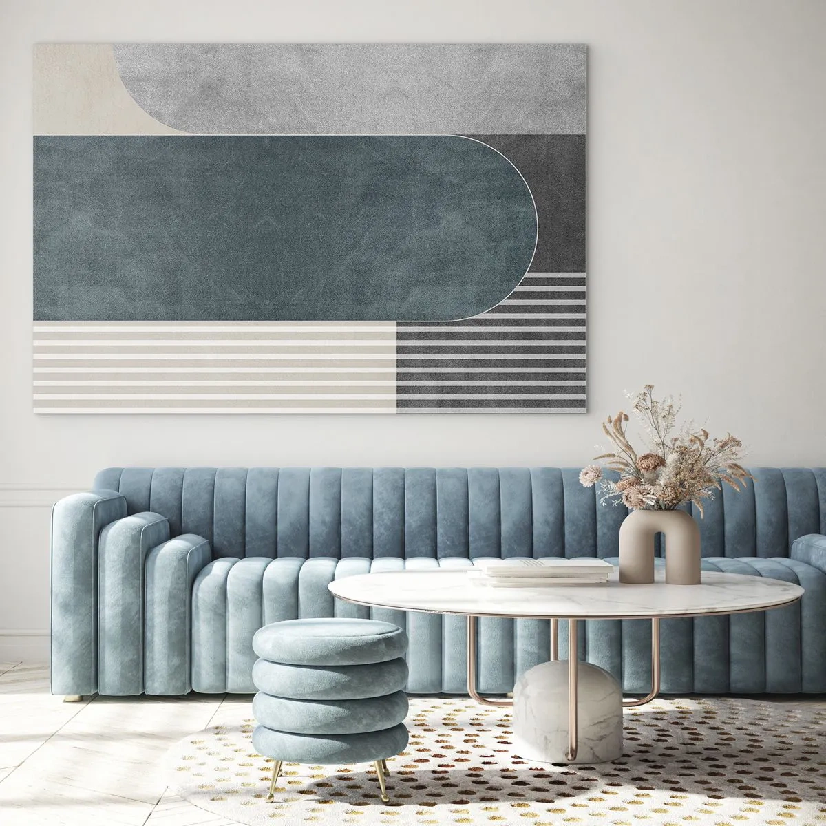Tablou pe sticlă - Formă geometrică în nuanțe de gri, bej și verde - 70x50cm - Compoziție de nivel - Decorațiune modernă pentru perete pentru living și dormitor ARTTOR