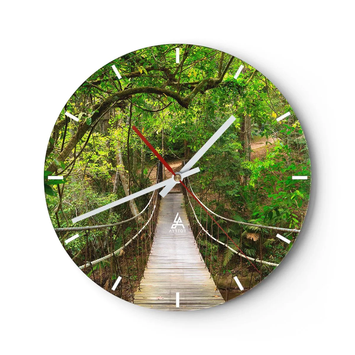Ceas de perete - Ceas pe sticlă - Un pod de lemn suspendat într-o pădure verde - 30x30cm - Pentru că în grădină crește o liană - Decorațiune modernă pentru perete pentru living, bucătărie și dormitor ARTTOR
