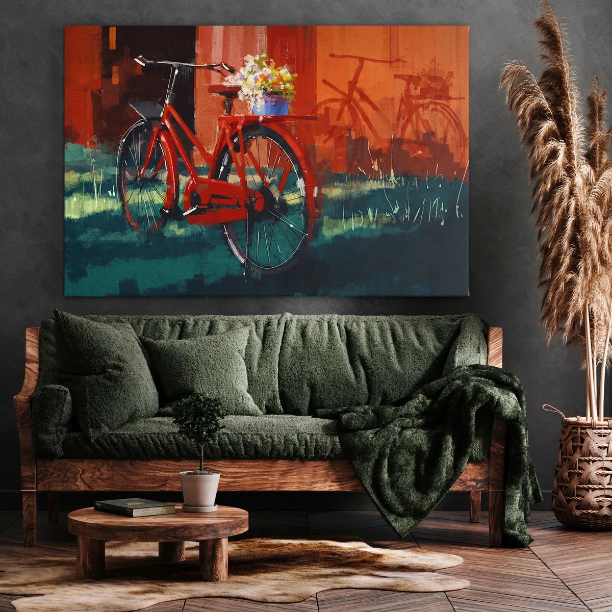 Tablou pe pânză Canvas - O bicicletă roșie cu flori pe un perete portocaliu - 70x50cm - I want to ride my bicycle - Decorațiune modernă pentru perete pentru living și dormitor ARTTOR