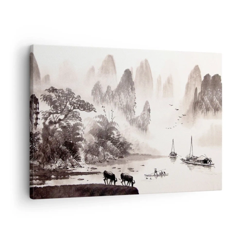 Tablou pe pânză Canvas - Un peisaj pitoresc în stil asiatic, cu munți învăluiți în ceață - 70x50cm - Viața exotică de zi cu zi a Estului - Decorațiune modernă pentru perete pentru living și dormitor ARTTOR