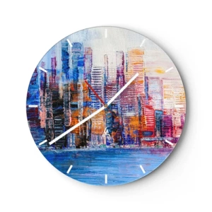 Ceas de perete - Ceas pe sticlă - Zgârie-nori colorați deasupra apei, într-un stil pictural expresiv - 30x30cm - O metropolă veselă - Decorațiune modernă pentru perete pentru living, bucătărie și dormitor ARTTOR