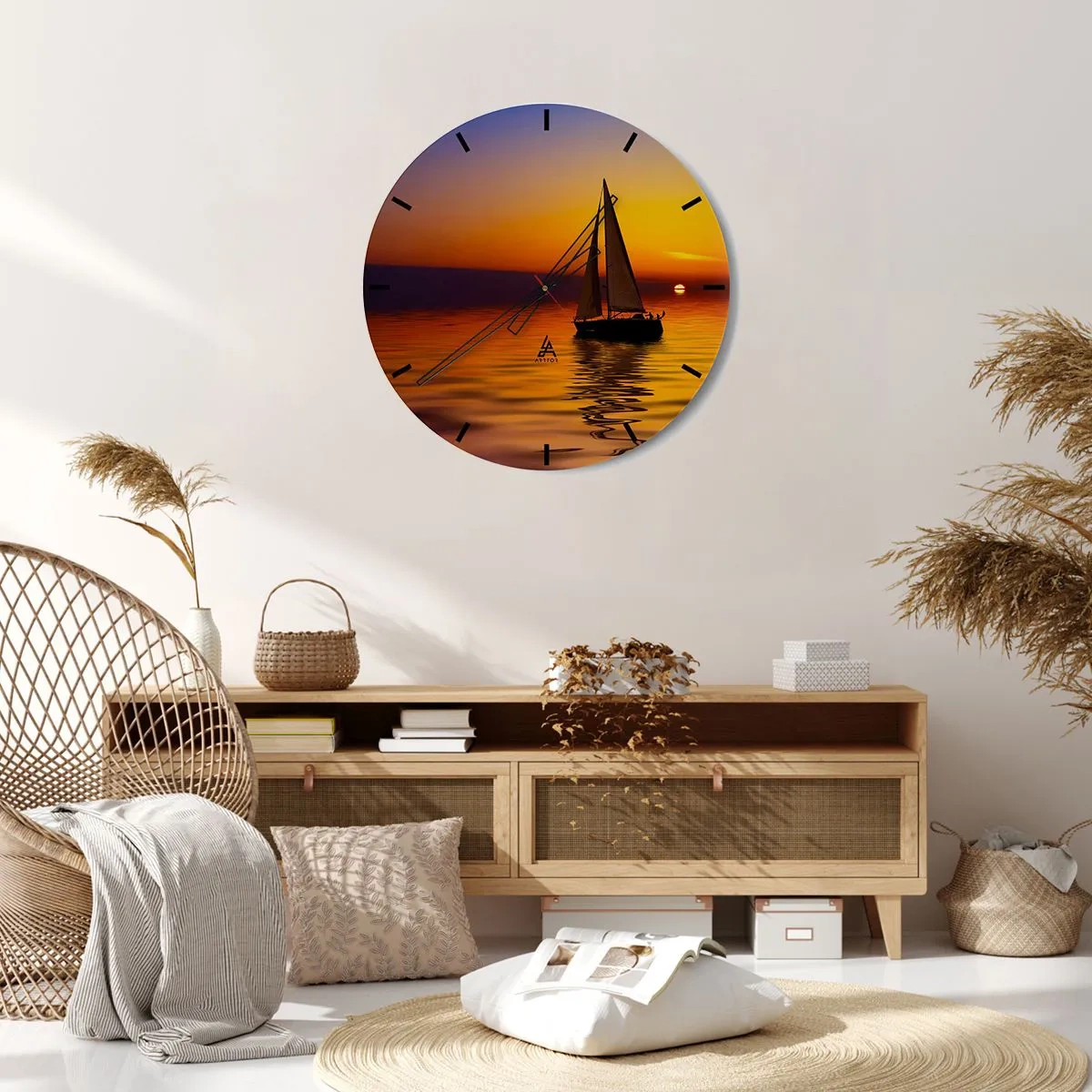 Ceas de perete - Ceas pe sticlă - O barcă cu pânze pe mare la apus - 30x30cm - Ce liniște e aici la amurg... - Decorațiune modernă pentru perete pentru living, bucătărie și dormitor ARTTOR