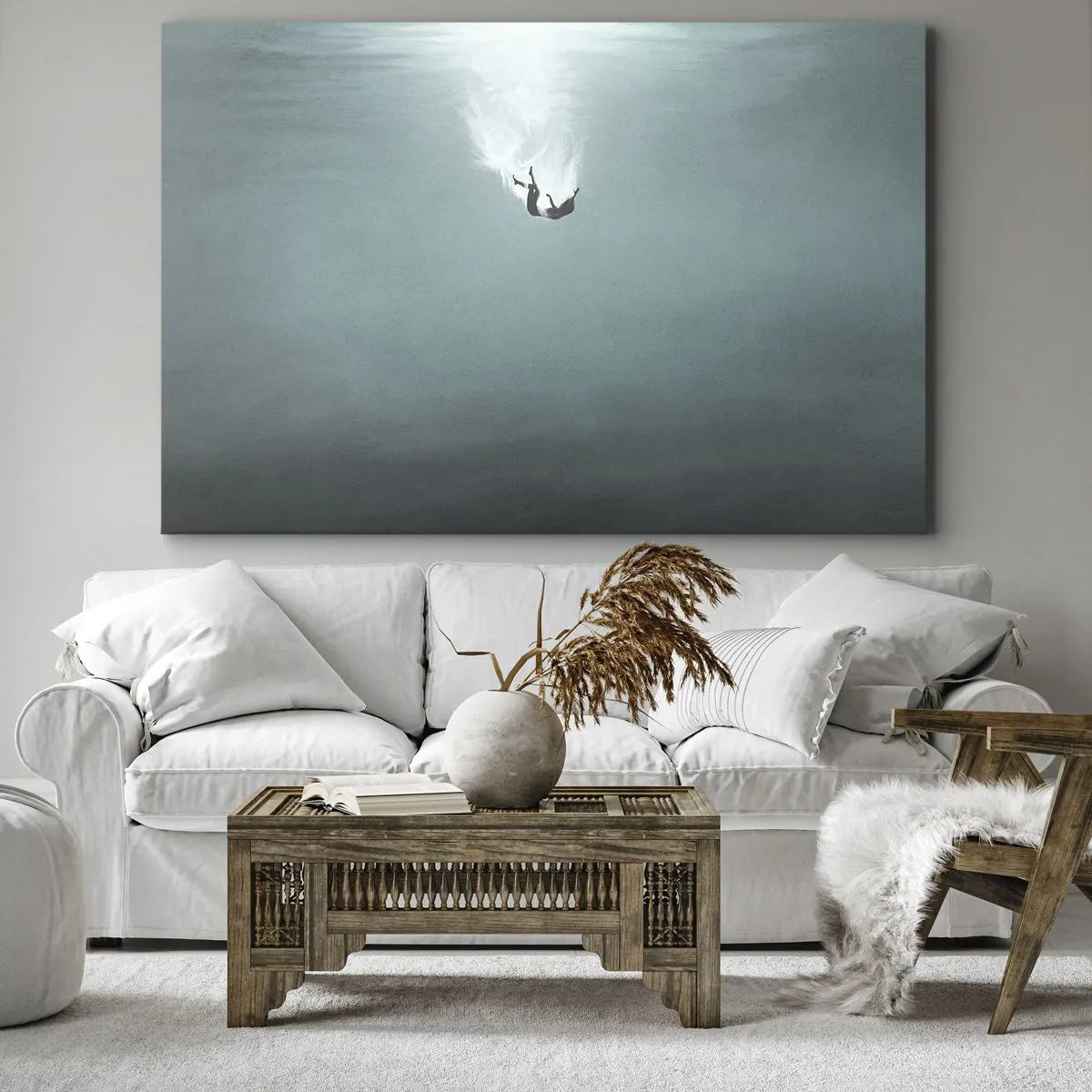 Tablou pe pânză Canvas - O figură cufundată în ape turcoaz adânci - 70x50cm - În îmbrățișarea oceanului - Decorațiune modernă pentru perete pentru living și dormitor ARTTOR
