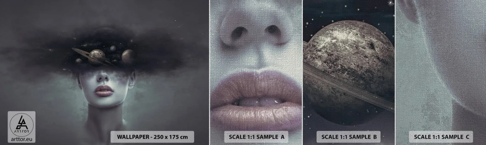 Mostră tapet Premium Canvas - Și planetele o iau razna... - Abstracția, Chipul de femeie, Cosmos - 100x30 cm