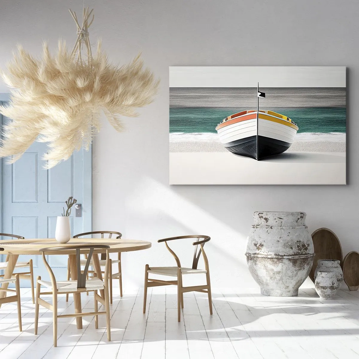 Tablou pe pânză Canvas - O barcă pe plajă cu o mare turcoaz în fundal - 70x50cm - În locul ei - Decorațiune modernă pentru perete pentru living și dormitor ARTTOR