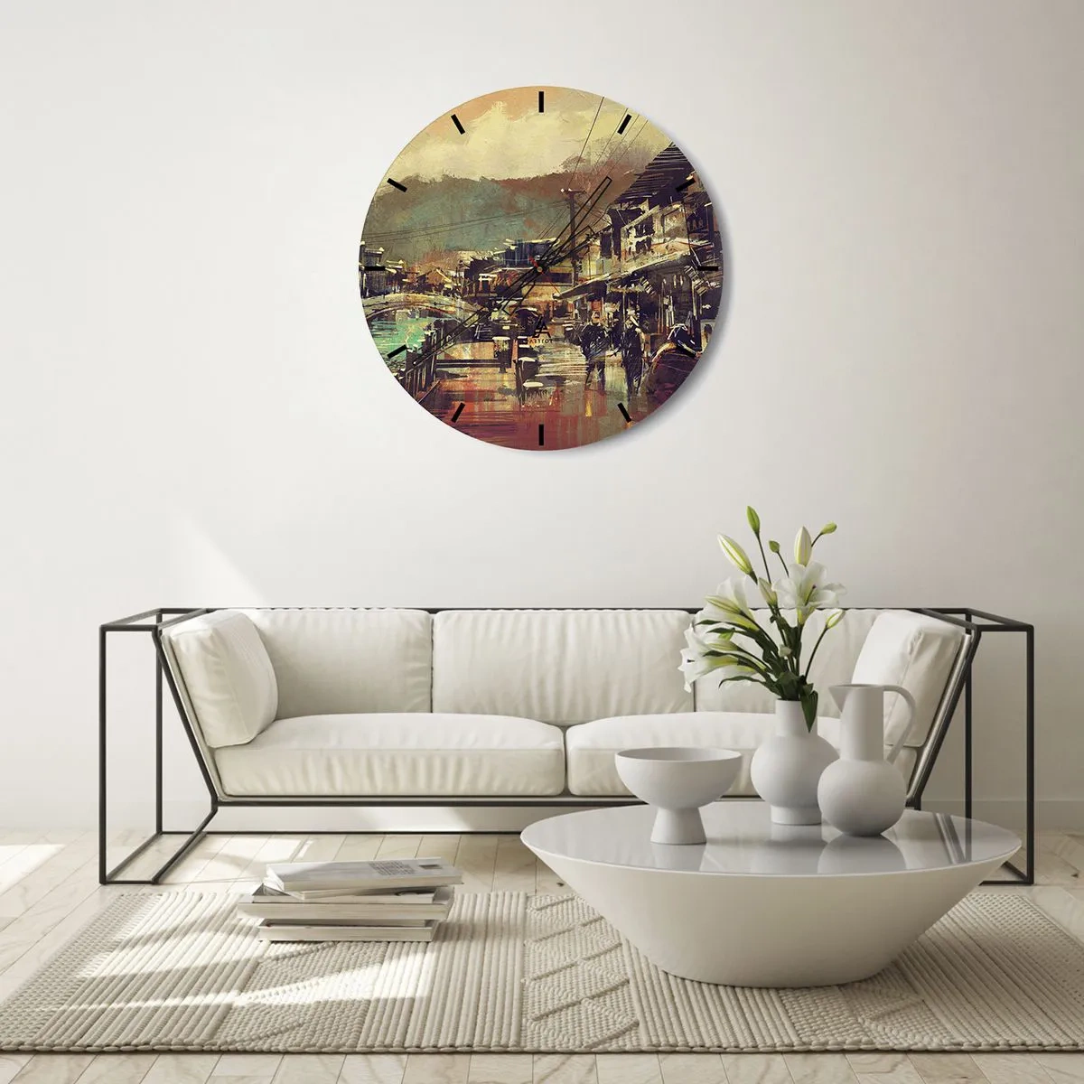 Ceas de perete - Ceas pe sticlă - O scenă picturală de stradă urbană, cu un pod și munți în fundal. - 30x30cm - Viața ca o bogăție de gri - Decorațiune modernă pentru perete pentru living, bucătărie și dormitor ARTTOR