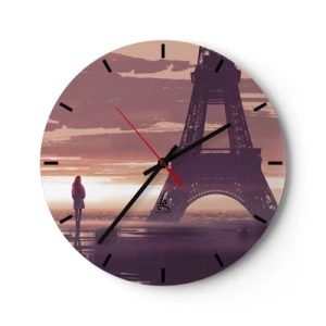 Ceas de perete - Ceas pe sticlă - Silueta unei persoane în fața Turnului Eiffel la apus - 30x30cm - Doar ele două - Decorațiune modernă pentru perete pentru living, bucătărie și dormitor ARTTOR