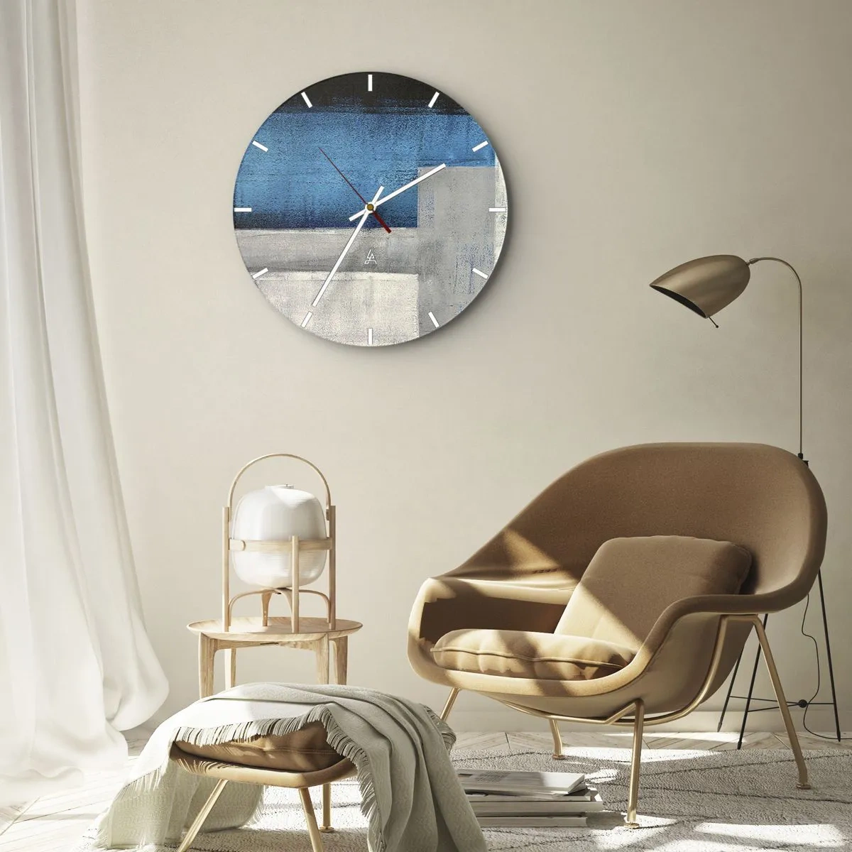 Ceas de perete - Ceas pe sticlă - Compoziție abstractă cu tonuri de albastru și gri - 30x30cm - Compoziție poetică de gri și albastru - Decorațiune modernă pentru perete pentru living, bucătărie și dormitor ARTTOR