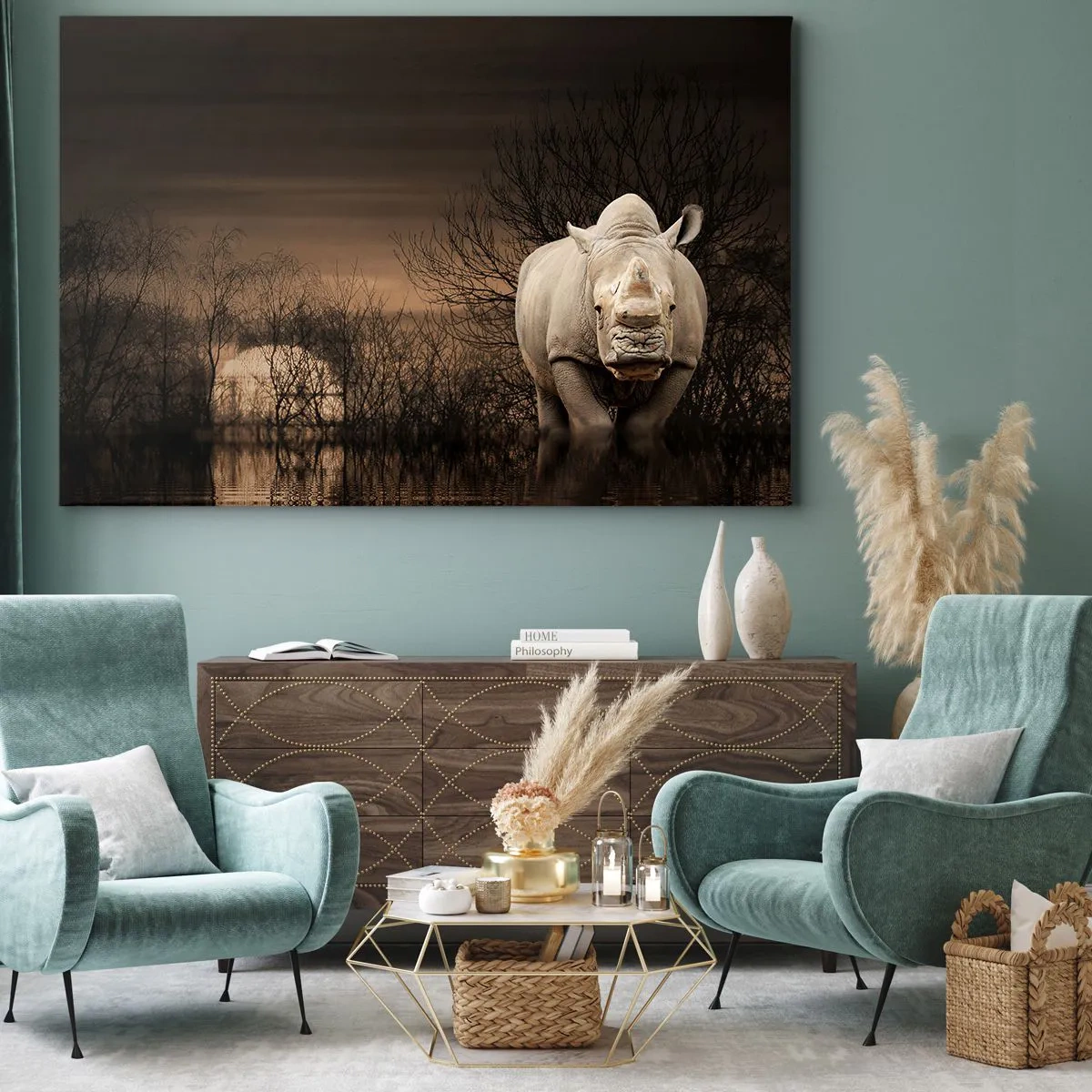 Tablou pe pânză Canvas - Rinocer printre copaci la apus, natură sălbatică. - 70x50cm - Albul împotriva naturii - Decorațiune modernă pentru perete pentru living și dormitor ARTTOR