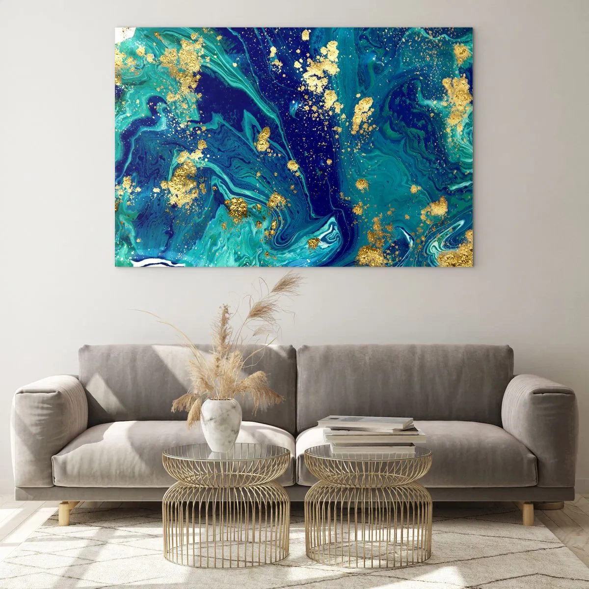 Tablou pe sticlă - Un model abstract în nuanțe de turcoaz și bleumarin cu accente aurii - 70x50cm - Petale de soare - Decorațiune modernă pentru perete pentru living și dormitor ARTTOR