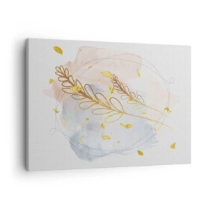 Tablou pe pânză Canvas - Un motiv delicat de frunze aurii pe un fundal pastel cu detalii în acuarelă. - 70x50cm - Suflul de aur - Decorațiune modernă pentru perete pentru living și dormitor ARTTOR