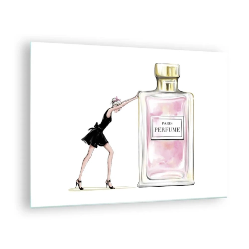Tablou pe sticlă - O femeie într-o rochie neagră lângă o sticlă mare de parfum - 70x50cm - Esența feminității - Decorațiune modernă pentru perete pentru living și dormitor ARTTOR