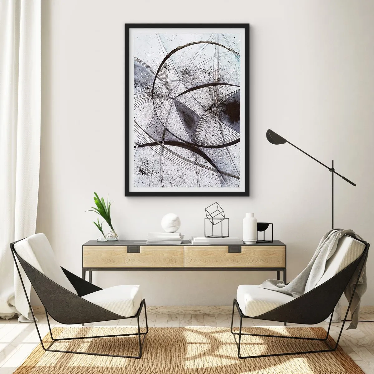 Poster în ramă neagră - Compoziție abstractă de linii și cercuri geometrice - 50x70cm - O fantezie futuristă - Decorațiune modernă pentru perete pentru living și dormitor ARTTOR