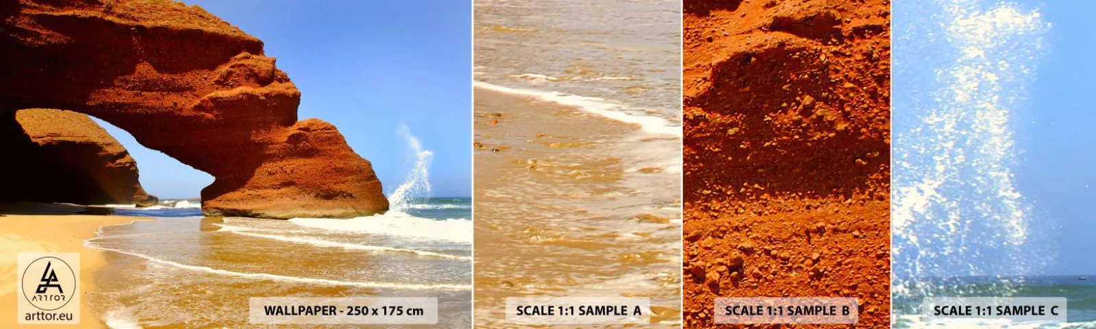 Mostră tapet autocolant Deluxe Sticker - Apă și vânt de mii de ani - Peisaj, Maroc, Ocean - 100x30 cm