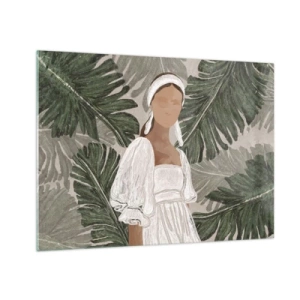 Tablou pe sticlă - O femeie într-o rochie albă pe un fundal de frunze tropicale verzi. - 70x50cm - Portret exotic - Decorațiune modernă pentru perete pentru living și dormitor ARTTOR