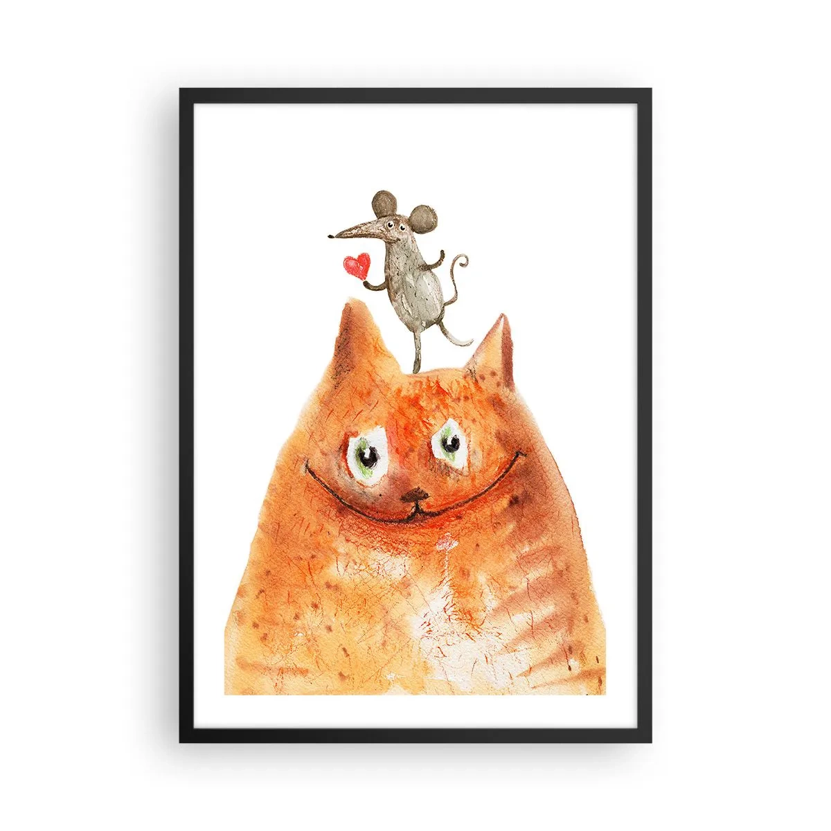 Poster în ramă neagră - O pisică cu un șoarece care ține o inimă pe cap - 50x70cm - Paradoxurile iubirii - Decorațiune modernă pentru perete pentru living și dormitor ARTTOR