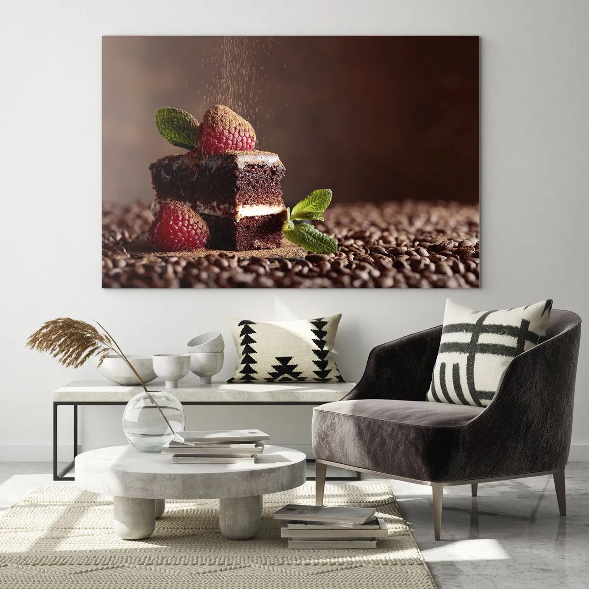 Tablou pe sticlă - Desert de ciocolată cu zmeură și frunze de mentă - 70x50cm - Viața este dulce - Decorațiune modernă pentru perete pentru living și dormitor ARTTOR