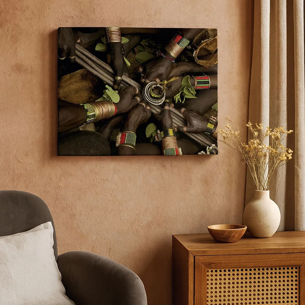 Tablou pe pânză Canvas - Brățări tradiționale de mână într-un grup de mâini - 70x50cm - Împreună - Decorațiune modernă pentru perete pentru living și dormitor ARTTOR