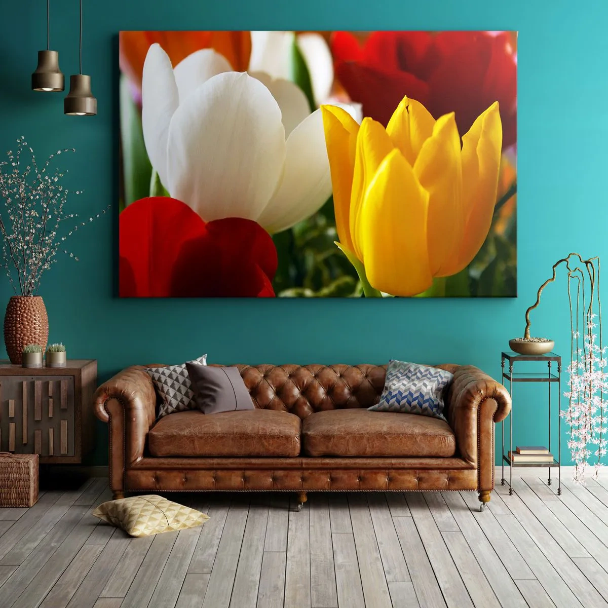 Tablou pe pânză Canvas - Prim-plan cu lalele colorate pe un fundal de primăvară - 70x50cm - Goana după lalele - Decorațiune modernă pentru perete pentru living și dormitor ARTTOR