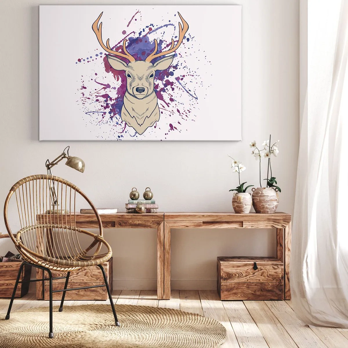 Tablou pe pânză Canvas - Portretul unui cerb cu pete abstracte în fundal - 70x50cm - Curaj și echilibru - Decorațiune modernă pentru perete pentru living și dormitor ARTTOR
