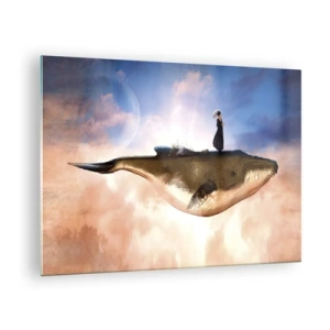 Tablou pe sticlă - O balenă fantastică plutind printre nori cu o femeie pe spate. - 70x50cm - O călătorie suprarealistă - Decorațiune modernă pentru perete pentru living și dormitor ARTTOR