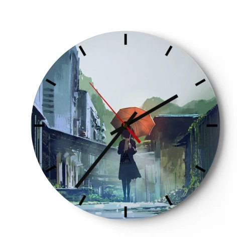 Ceas de perete - Ceas pe sticlă - O figură cu o umbrelă pe o stradă ploioasă - 30x30cm - Ploaie revitalizantă - Decorațiune modernă pentru perete pentru living, bucătărie și dormitor ARTTOR