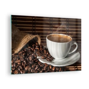 Tablou pe sticlă - O ceașcă de cafea cu boabe pe un fundal rustic - 70x50cm - Negru de cărbune, transparență de chihlimbar - Decorațiune modernă pentru perete pentru living și dormitor ARTTOR