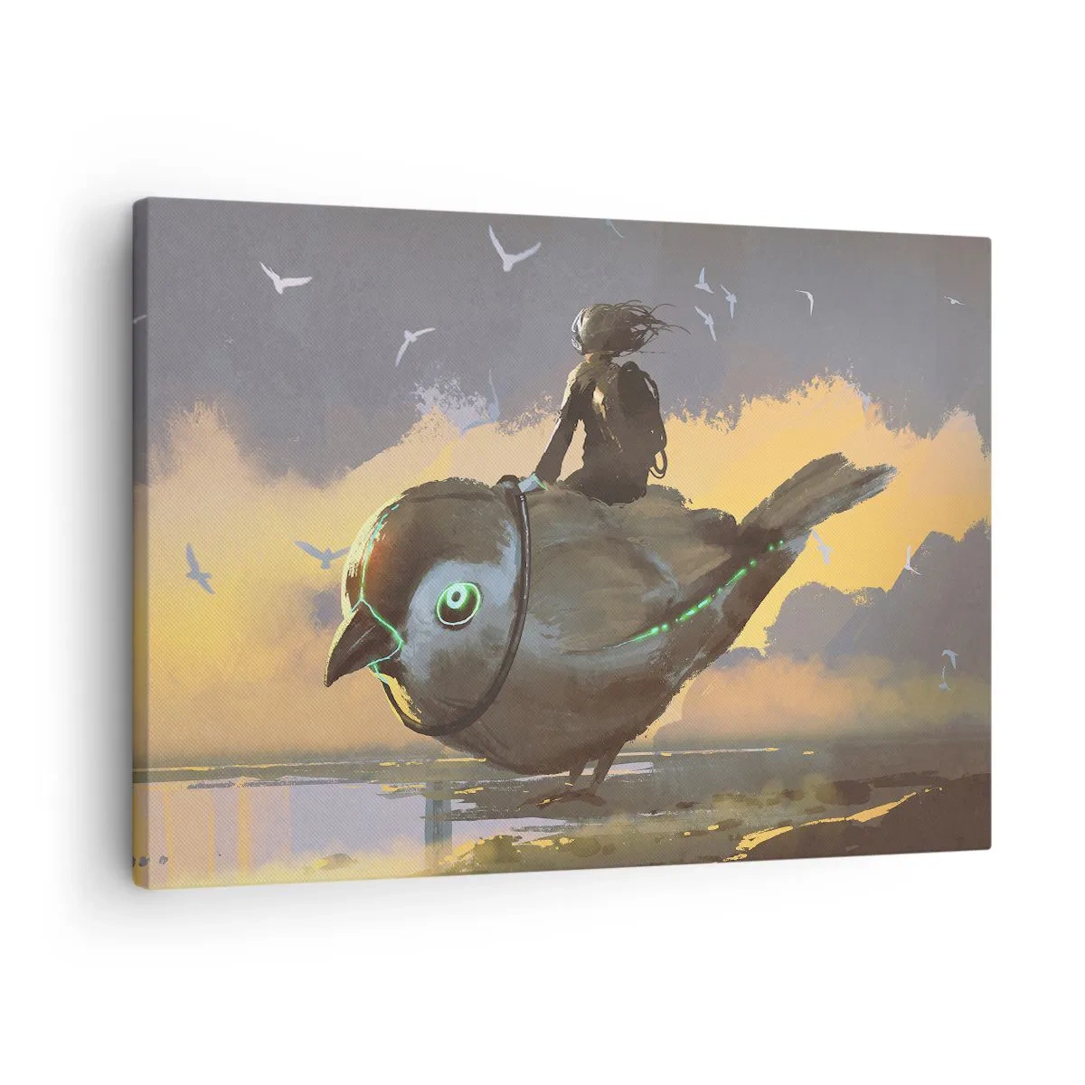 Tablou pe pânză Canvas - Călăreț pe o pasăre uriașă într-un peisaj suprarealist - 70x50cm - O oprire într-o călătorie fantastică - Decorațiune modernă pentru perete pentru living și dormitor ARTTOR