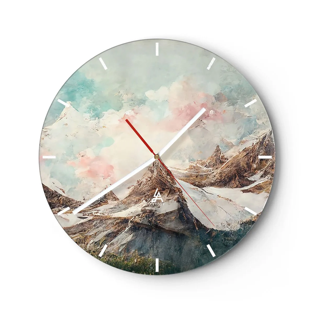 Ceas de perete - Ceas pe sticlă - Vârfuri de munte picturale pe un cer înnorat pastelat - 30x30cm - Lame de piatră - Decorațiune modernă pentru perete pentru living, bucătărie și dormitor ARTTOR