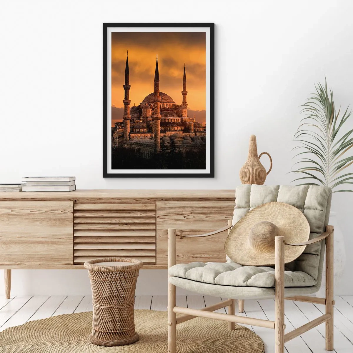 Poster în ramă neagră - Moschee la apus în culori calde - 50x70cm - Dumnezeu este mare - Decorațiune modernă pentru perete pentru living și dormitor ARTTOR