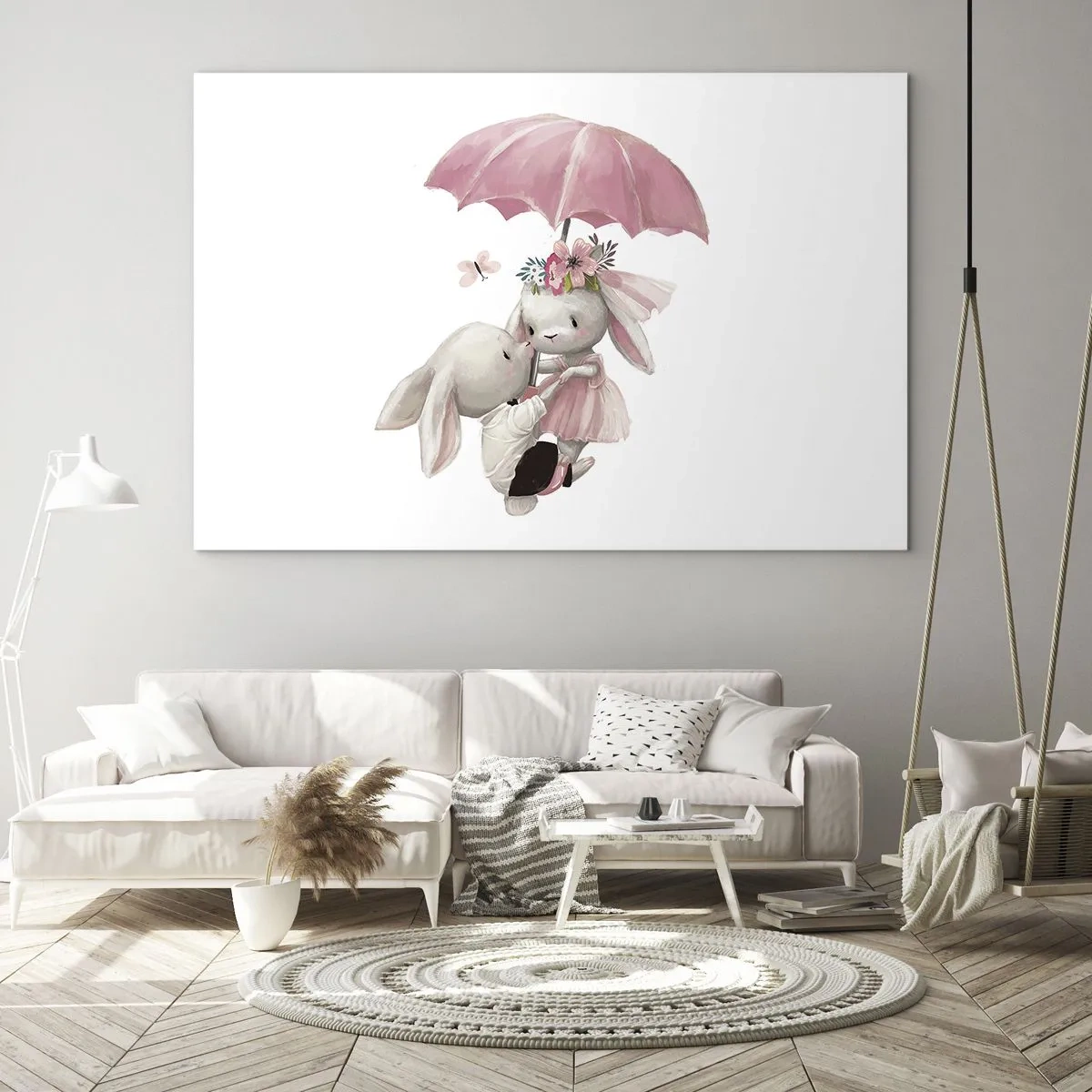 Tablou pe sticlă - Doi iepuri sub o umbrelă roz într-o scenă romantică - 70x50cm - Pur și simplu dragoste - Decorațiune modernă pentru perete pentru living și dormitor ARTTOR