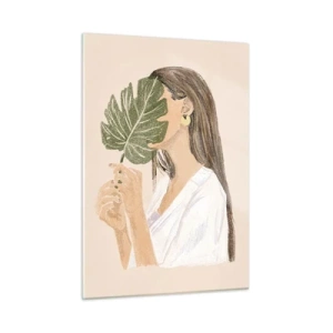 Tablou pe sticlă - Portret misterios cu un evantai - 50x70 cm