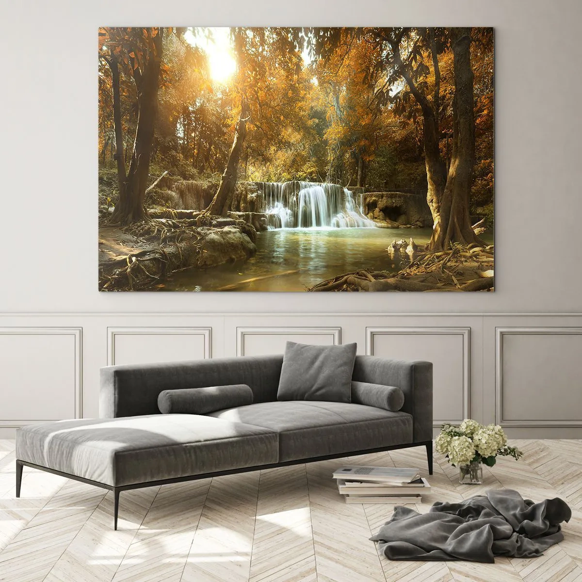 Tablou pe sticlă - O cascadă într-un parc înconjurat de copaci în culorile toamnei - 70x50cm - Cascadă în parc - Decorațiune modernă pentru perete pentru living și dormitor ARTTOR