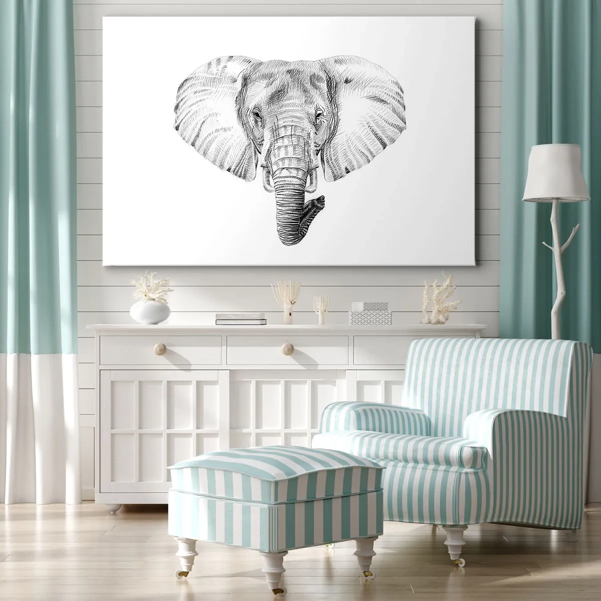 Tablou pe pânză Canvas - Desen alb-negru al unui cap de elefant pe fundal alb - 70x50cm - Mare ca un elefant - Decorațiune modernă pentru perete pentru living și dormitor ARTTOR