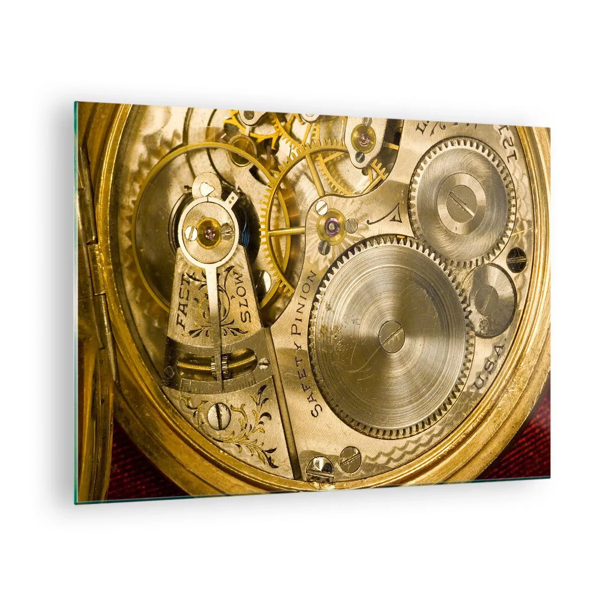 Tablou pe sticlă - Mecanism de ceas cu finisaj auriu - 70x50cm - Fii în pas cu vremurile - Decorațiune modernă pentru perete pentru living și dormitor ARTTOR