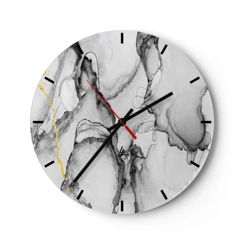 Ceas de perete - Ceas pe sticlă - O compoziție abstractă în nuanțe de gri cu o notă aurie. - 30x30cm - Compoziție cu motiv auriu - Decorațiune modernă pentru perete pentru living, bucătărie și dormitor ARTTOR