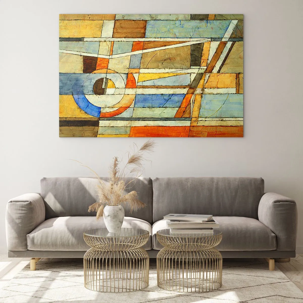 Tablou pe sticlă - O compoziție abstractă cu modele geometrice și culori calde. - 70x50cm - Cubismul în construcție - Decorațiune modernă pentru perete pentru living și dormitor ARTTOR