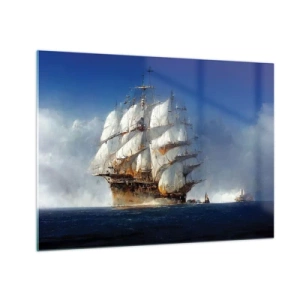 Tablou pe sticlă - O navă cu pânze în largul mării, în mijlocul ceții marine - 70x50cm - The great glory! - Decorațiune modernă pentru perete pentru living și dormitor ARTTOR