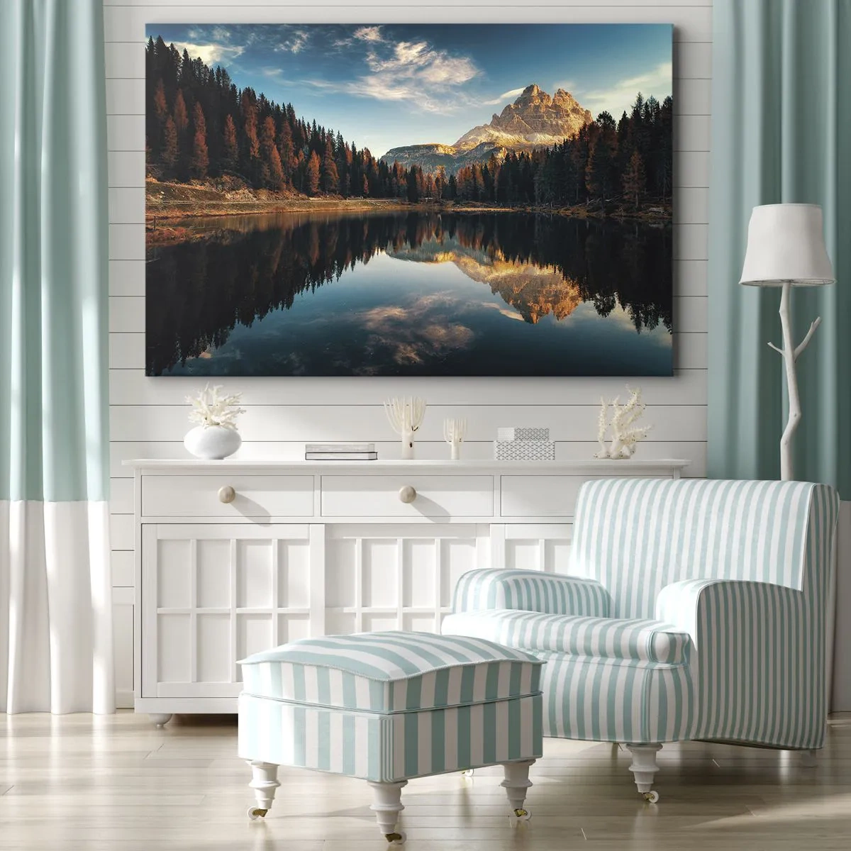 Tablou pe pânză Canvas - Peisaj montan cu lac și pădure - 70x50cm - Peisaj dublat - Decorațiune modernă pentru perete pentru living și dormitor ARTTOR