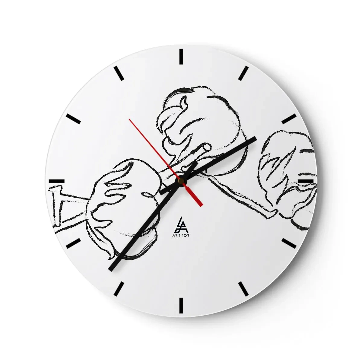 Ceas de perete - Ceas pe sticlă - Schiță alb-negru a unei crengi de bumbac pe fundal alb - 30x30cm - Pufuri de bumbac - Decorațiune modernă pentru perete pentru living, bucătărie și dormitor ARTTOR