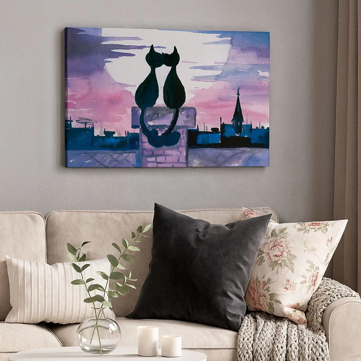 Tablou pe pânză Canvas - Pisici negre pe un acoperiș în lumina lunii, într-un decor de acuarelă - 70x50cm - Rendez-vous sub lună - Decorațiune modernă pentru perete pentru living și dormitor ARTTOR