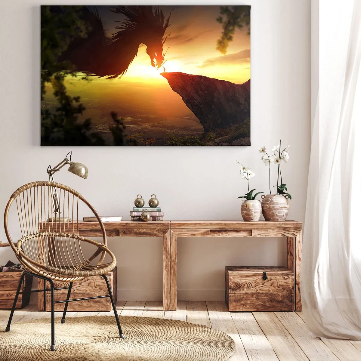 Tablou pe pânză Canvas - Un dragon și un om pe o stâncă în strălucirea soarelui care apune - 70x50cm - Vânător de dragoni - Decorațiune modernă pentru perete pentru living și dormitor ARTTOR
