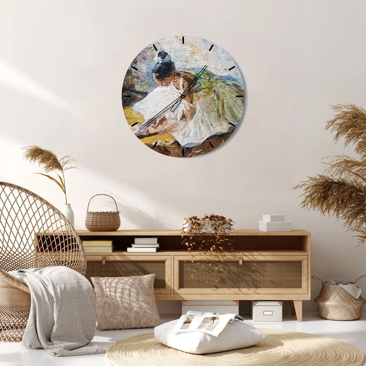 Ceas de perete - Ceas pe sticlă - O dansatoare de balet într-o rochie albă, reprezentată în stil impresionist. - 30x30cm - Dintr-un tablou de Degas - Decorațiune modernă pentru perete pentru living, bucătărie și dormitor ARTTOR