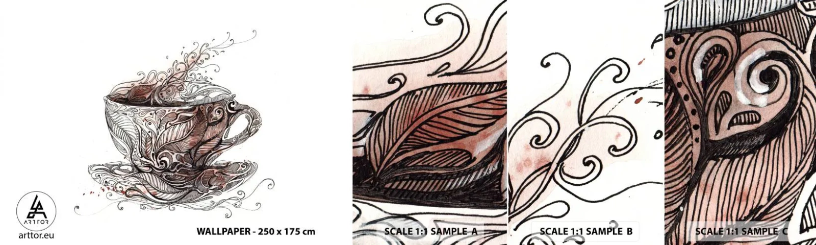 Mostră de Tapet Standard Eco - Ceaiul este bun pentru orice - Abstracția, ceașcă, Espresso - 100x30 cm